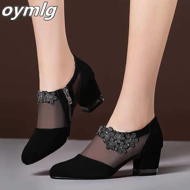 Summer Women High Heel Shoes Mesh Breathable Pumps Zip Pointed Toe Thick Heels Fashion Female Dress Shoes Elegant Footwear 4