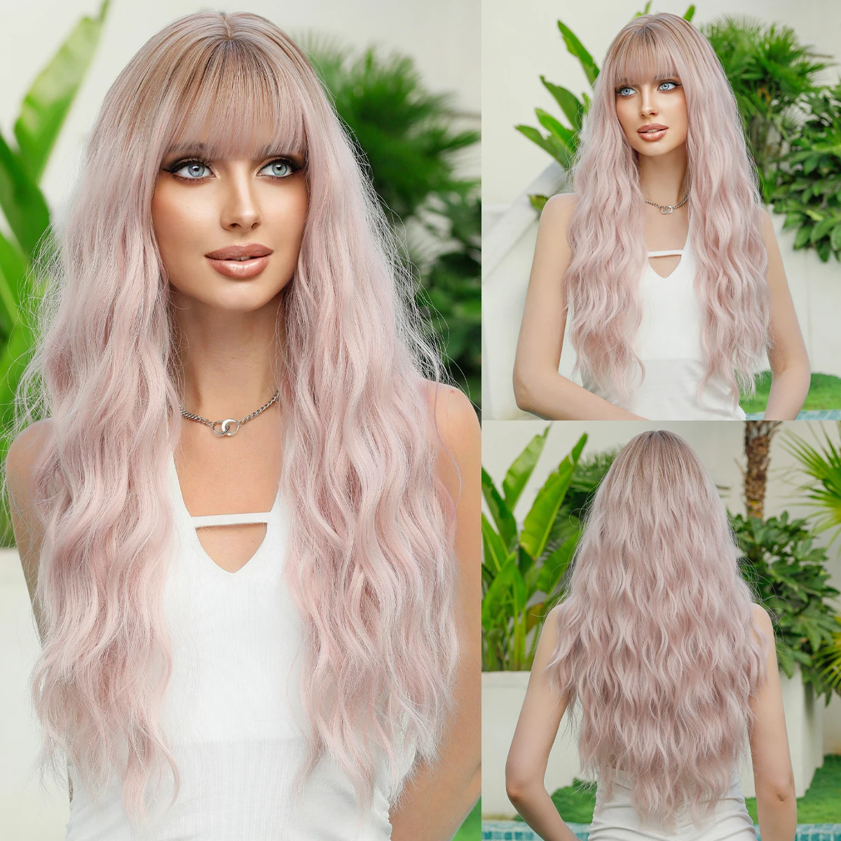 NAMM Long Wavy Middle Part Pink Wig for Women Daily Party Ombre Synthetic Lavender Hair Blonde top dye Wig Heat Resistant Fiber sevintage lavender butterfly lace appliques prom dresses sweetheart sleeveless tea length a line evening gowns party dress 2023