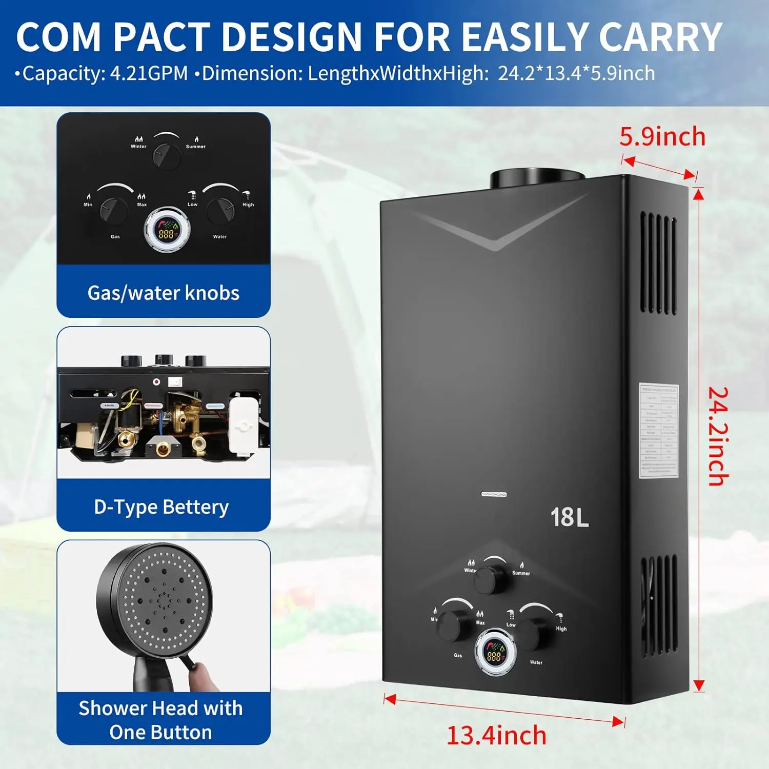 Tankless Water Heater Propane 4.74GPM 18L Outdoor Portable Water Heater Instant Propane with Digital Display