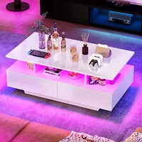 Living Room, High Glossy LED Coffee Table with Open Display Shelf & Sliding 4 Drawers, Rectangular Small Center Table, White 1