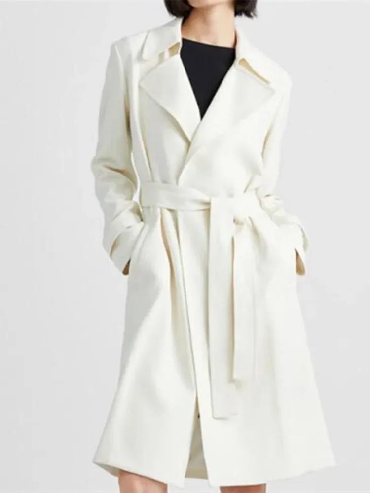 

Women's Windbreaker 2023 New Spring Turn Down Collar Solid Color Temperament Commuter Long Sleeve Mid-Length Trench with Belt