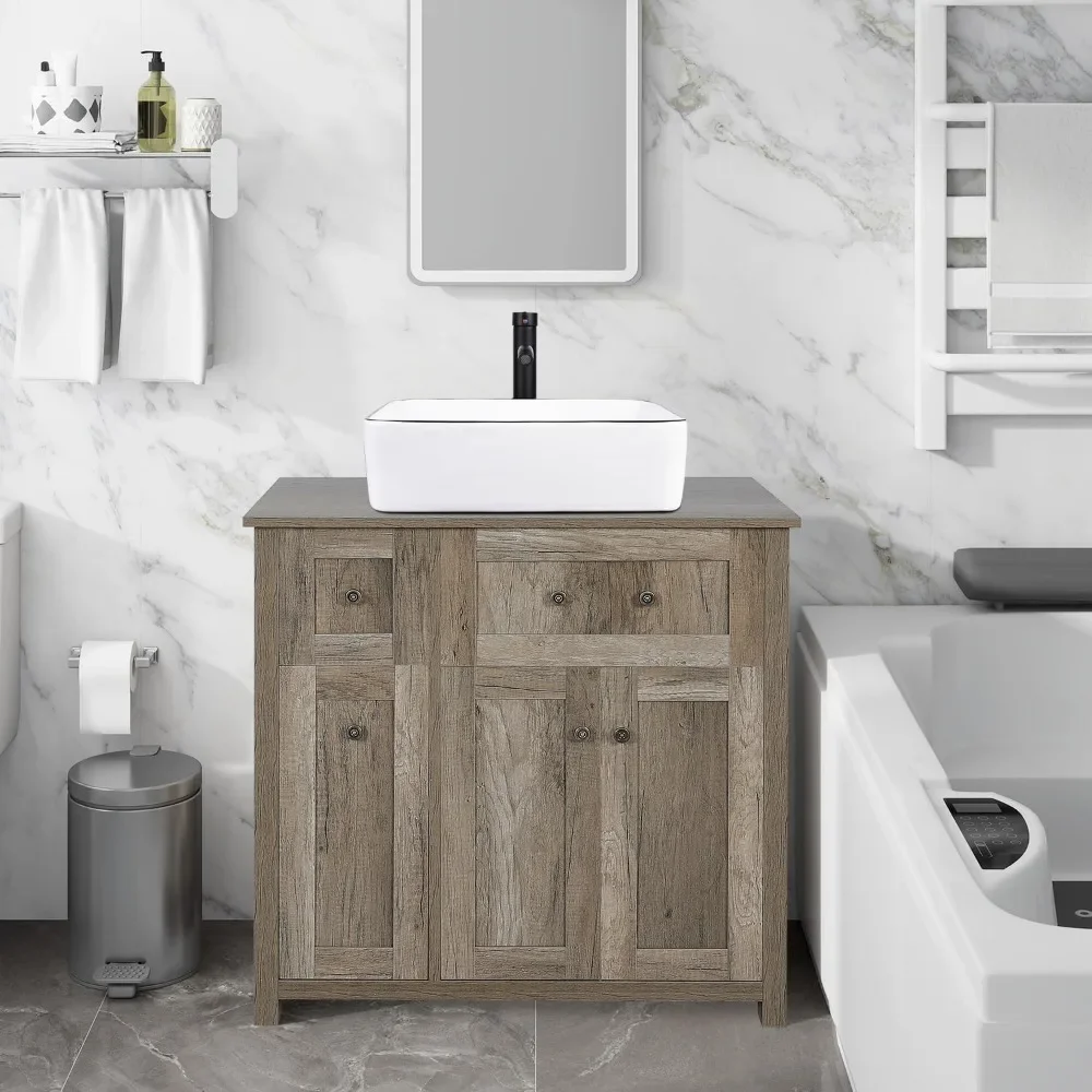 Bathroom Vanity, Modern Wood Fixture Stand Pedestal Bathroom Cabinet with Square Ceramic Vessel Sink Top