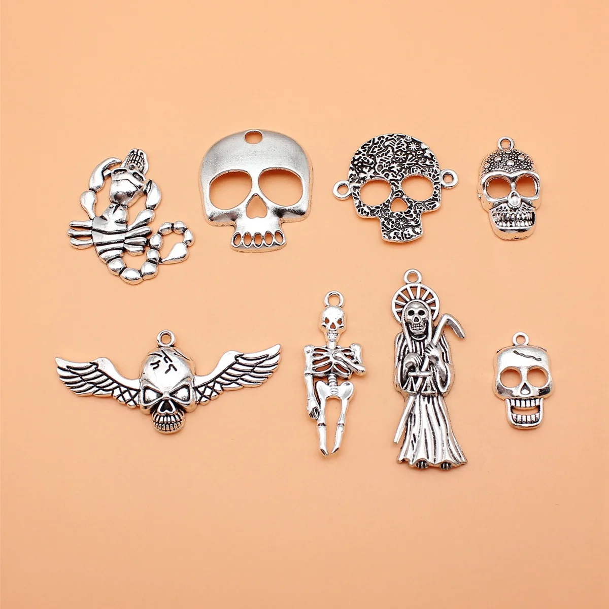 

8pcs Antique Silver Color Skull Skeleton Charms Collection For DIY Jewelry Making, 8 Styles, 1 of Each