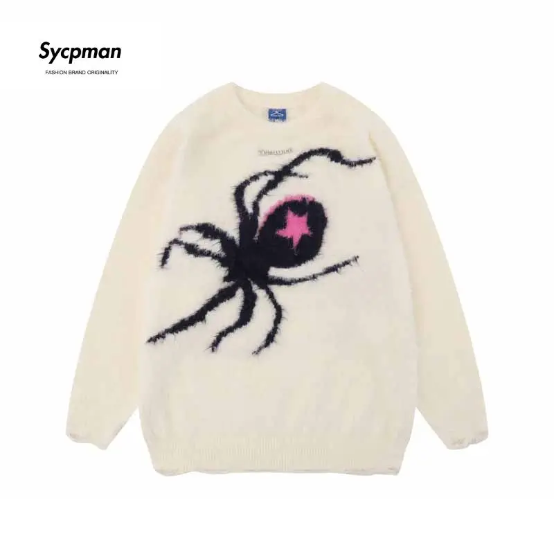 

Sycpman American Style Star Spider Jacquard O-Neck Sweater Autumn and Winter Loose Casual Knitted Top Couple Pullover