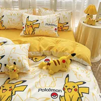 Parure de lit série Pokemon Pikachu 100% coton, drap de dessin animé, taie d'oreiller, housse de couette, couvre-lit, ensemble de 4 pièces, literie pour enfants 1