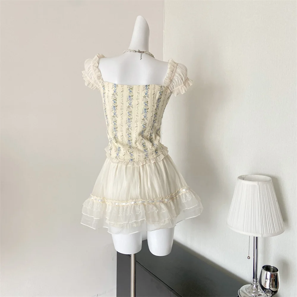 Y2K Two-piece Skirt Set Off Shoulder Square Collar Lace-up Cropped Top A-line Mini Skirt Sweet Summer New Slim Princess Outfits