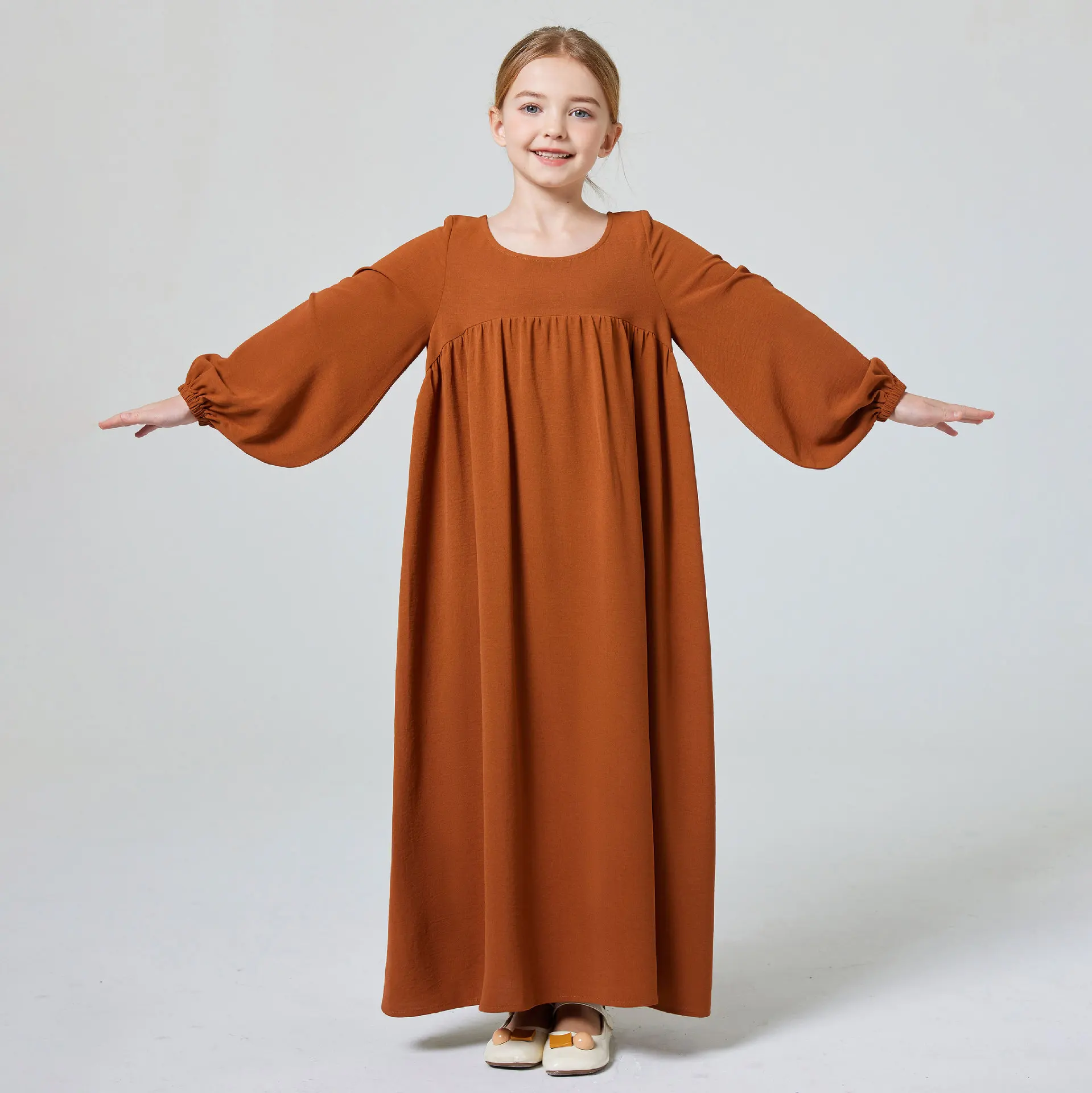 

Kids Abaya Ramadan Muslim Dubai Elegant Girl's Solid Crew Neck Long Sleeve Kaftan Kebaya Dress For Party Pray Gift