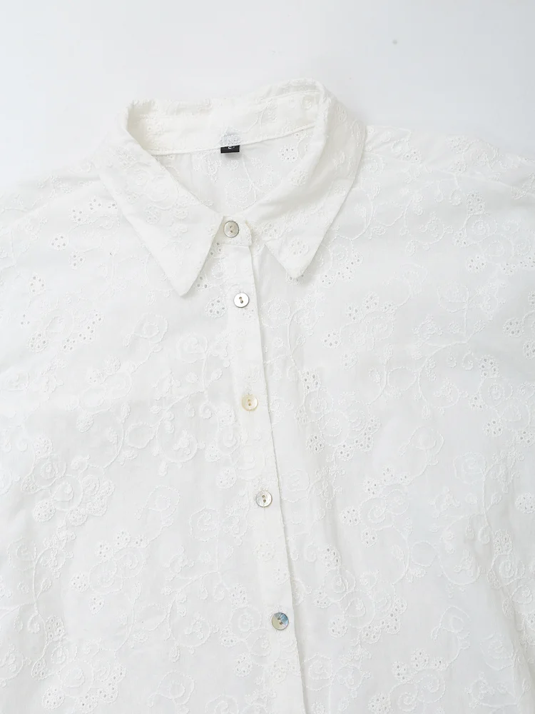Women\'s spring 2024 new sweet fashion embroidered hollow top retro long sleeve lapel blouse chic top.