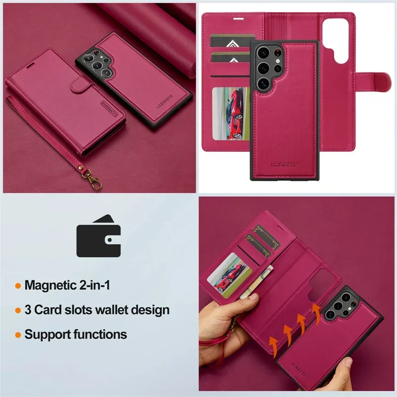 Magnetic Leather Wallet Phone Case with Lanyard Cover
