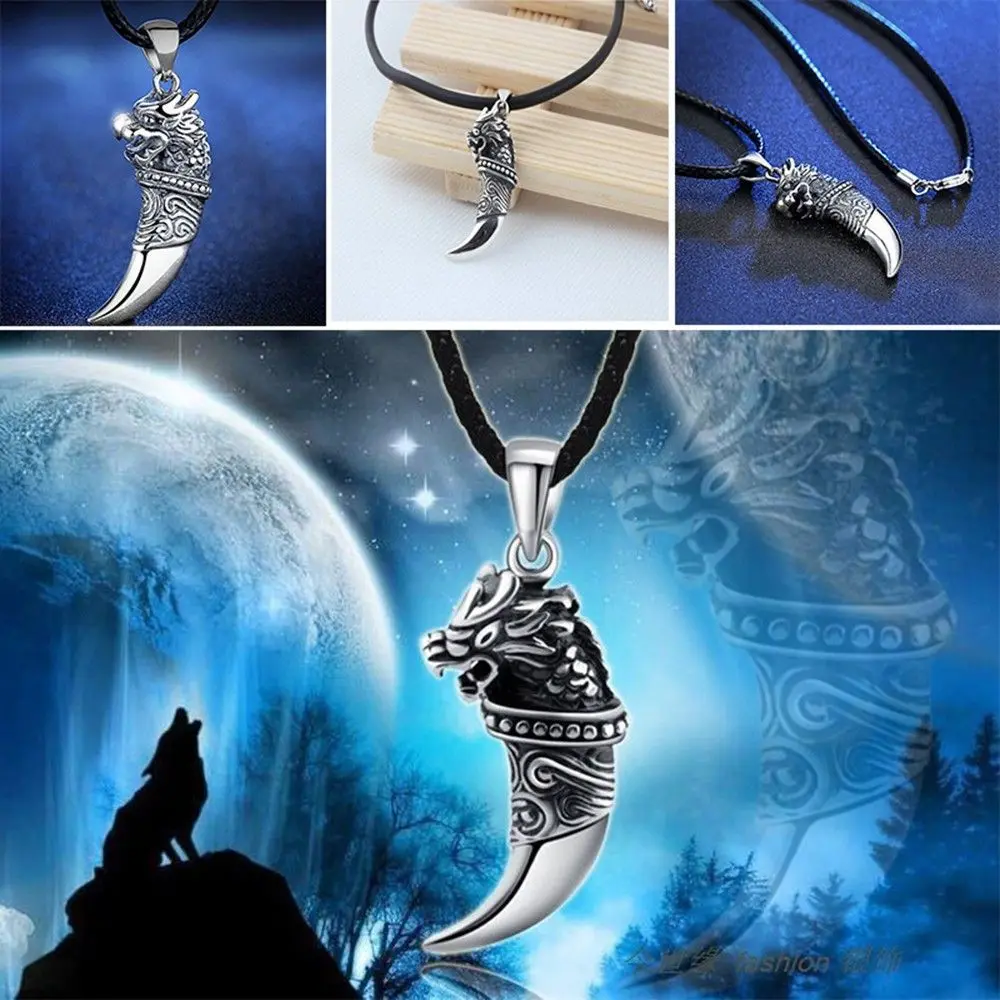 Hot Men Teeth Stainless Steel Gift Retro Shape Leather Chain Punk Necklace Totem Pendant Wolf Tooth