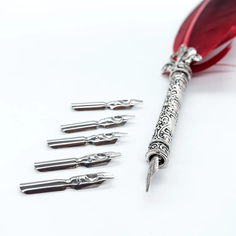 1 Set Feather Fountain Pen Calligraphy Pen Quill Oblique Fountain Luxury Pen Ink +5pcs Nib Metal for Fancy Font Office Supplies