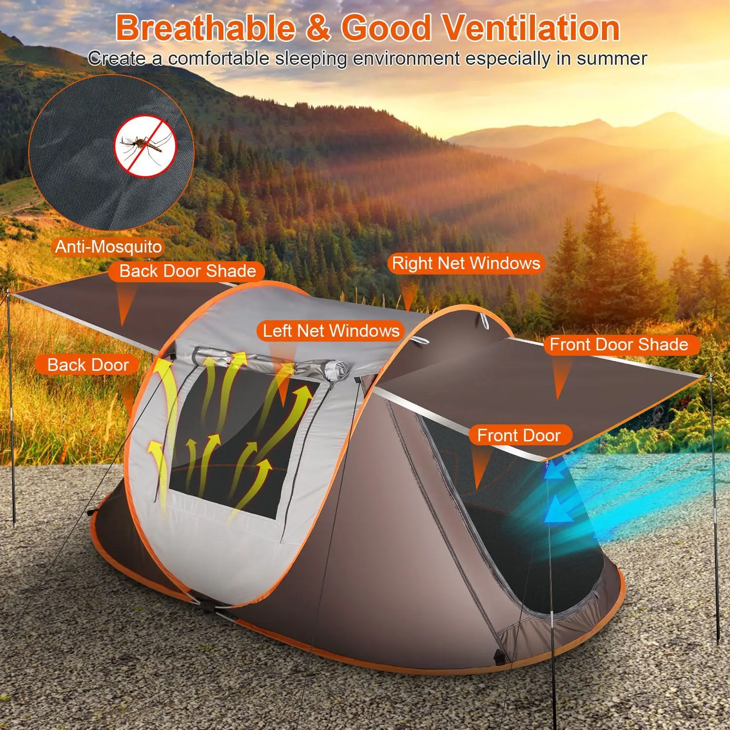 3-4 Person Pop Up Tent Automatic Setup Camping Tent  Instant Setup with 4 Tent Poles 2 Mosquito Net Windows Carrying Bag 3