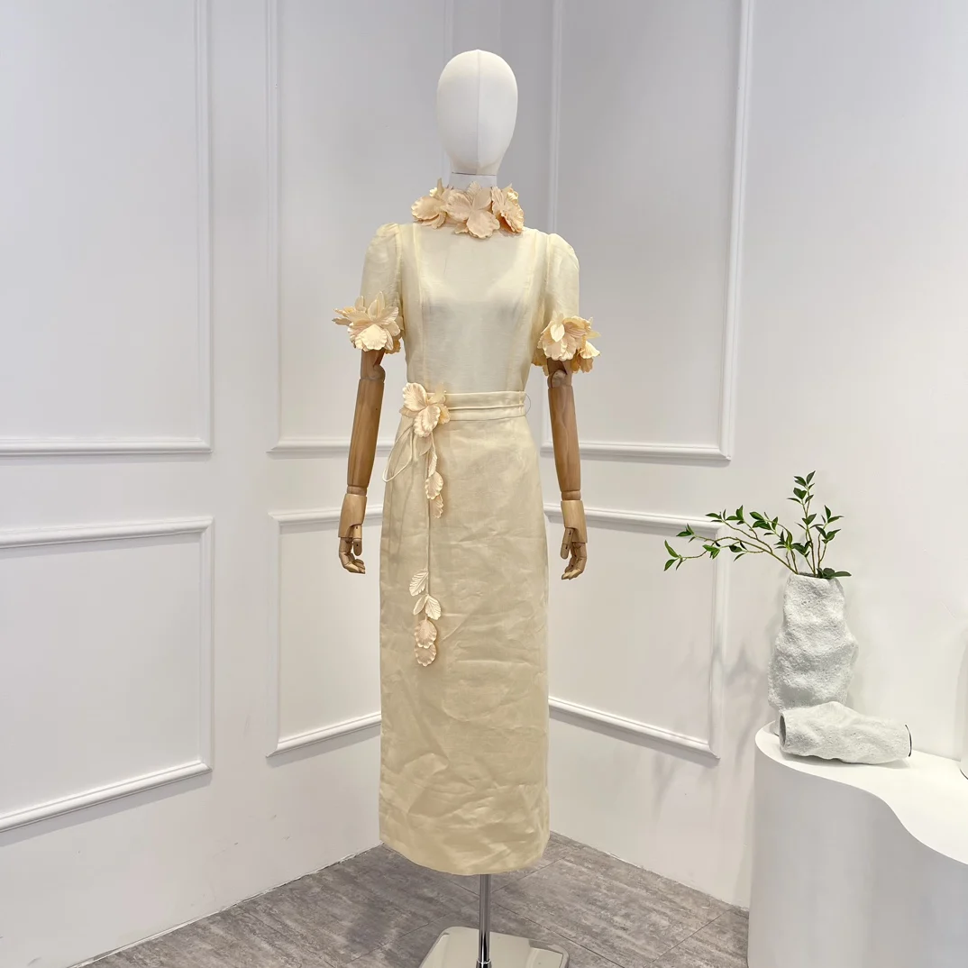 2025 Biege Short Sleeve Flowers Appliquéd Tops and Midi Skirt Set for Women