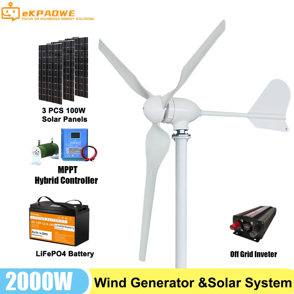 Wind Turbine Generator 2000w 48V 24V 12V Windmill Horizontal Wind Generator Kit Free Energy Altern Mppt Controller for Home Use