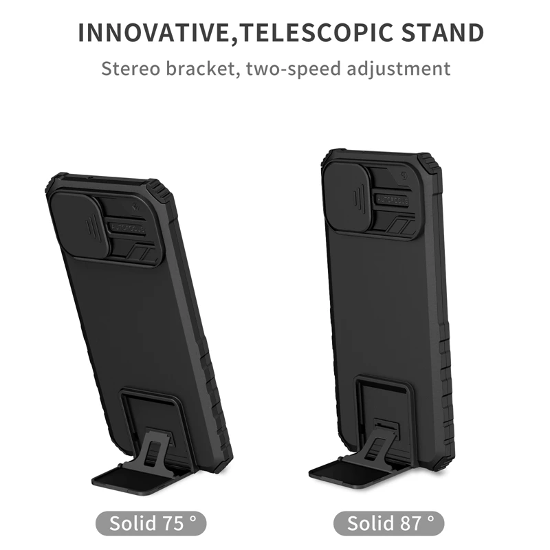 Slide Camera Lens Protect Armor Back Case with Holder Stand