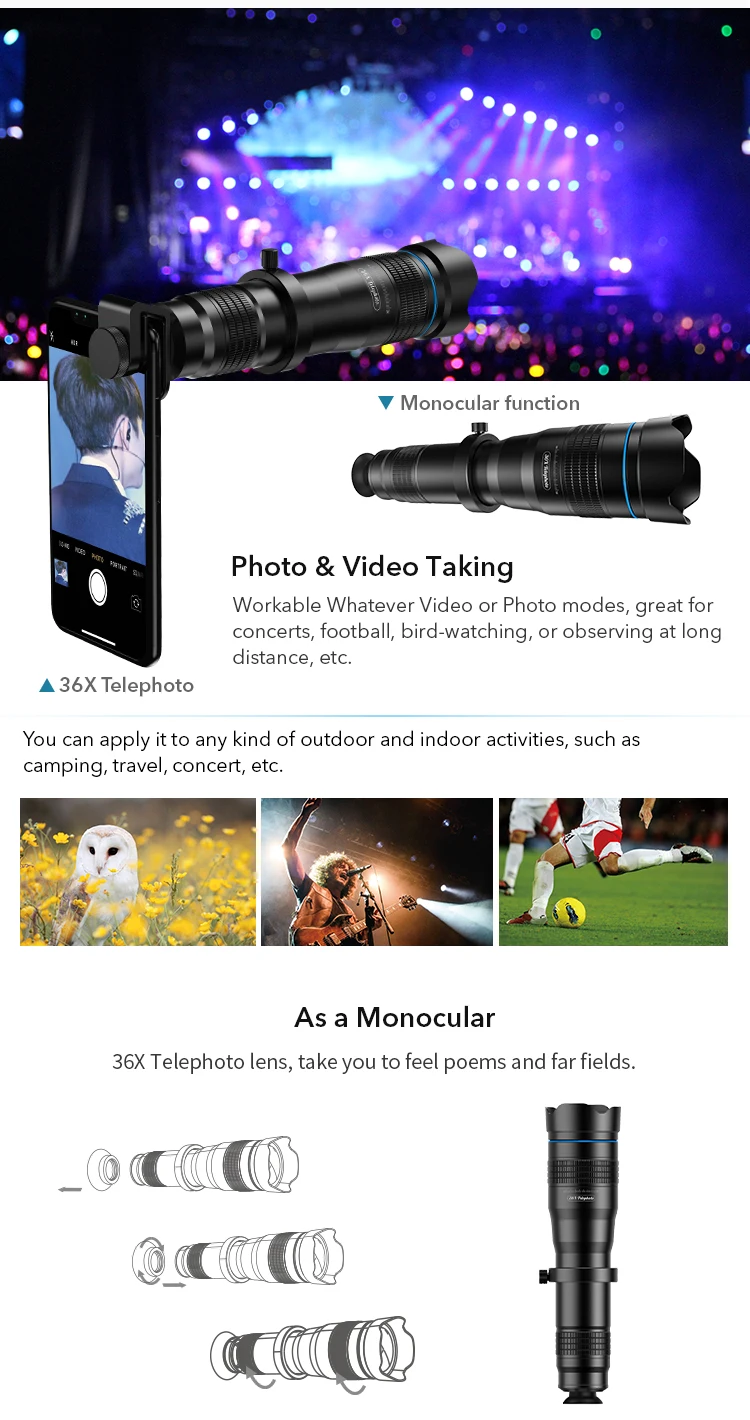 APEXEL Optional HD 36X metal telescope telephoto lens monocular mobile lens+ selfie tripod for Samsung Huawei all Smartphones