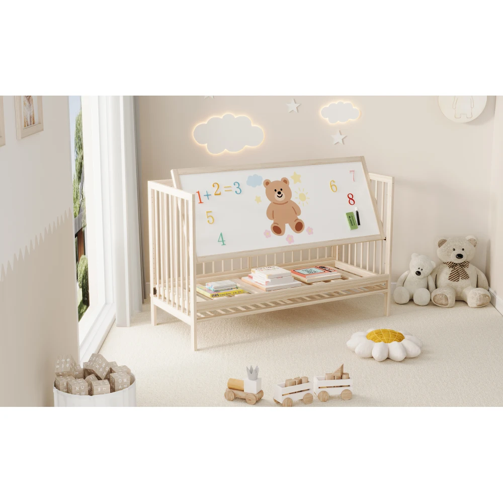 140x60x90cm Wooden Baby Cot, Convertible Into An Extra Bed / Painting Board Rack / Desk, Height Adjustable, No Mattress, Spruce S417c25768a1a49e5b64b4434af6bd27bn