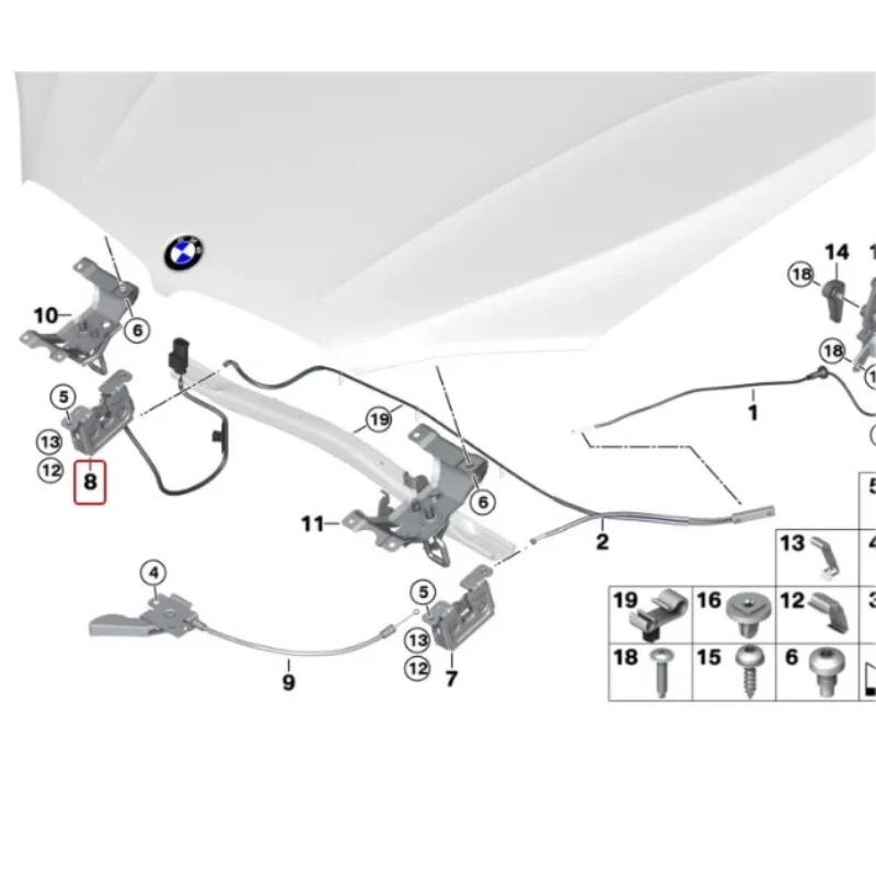 51237308068 BMW X5 X6 F15 F16용 우측 엔진 후드 잠금장치. (모델을 확실하지 못한 경우, VIN을 제공해주세요.)