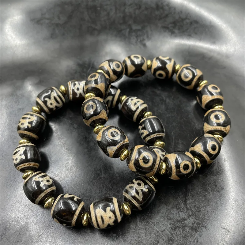 Bracciale Tibetano Dzi God Of Wealth Three-Eye Sky Old Agate Tube Beads