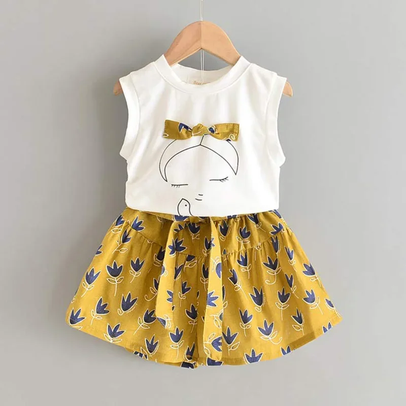 Bear Leader Kids Girl Clothes Fashion Sling Flower Bow Baby Girls Shirt + Stripe Shorts 2pcs Suit Children Clothing Sets