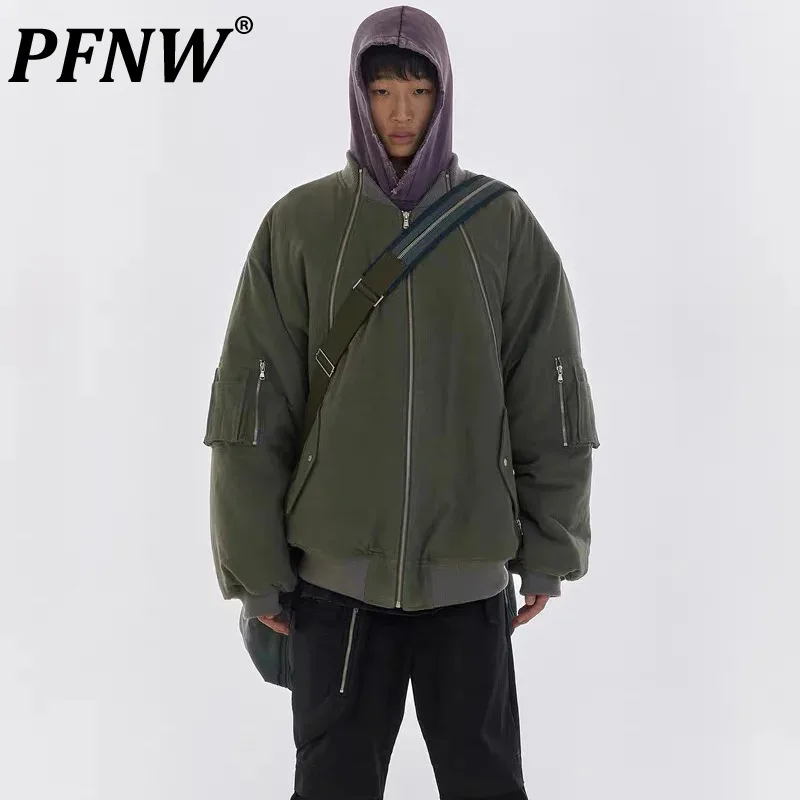 

PFNW Men's Punk Niche Design Padded Autumn Winter New Tide Vintage Coat Zipper Cotton Fleece Pilot Jacket High Street 12Z5074