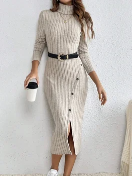 French High Collar Hollow out Side Split Ribbed Dress Elegant Classy Style Women's Fashion