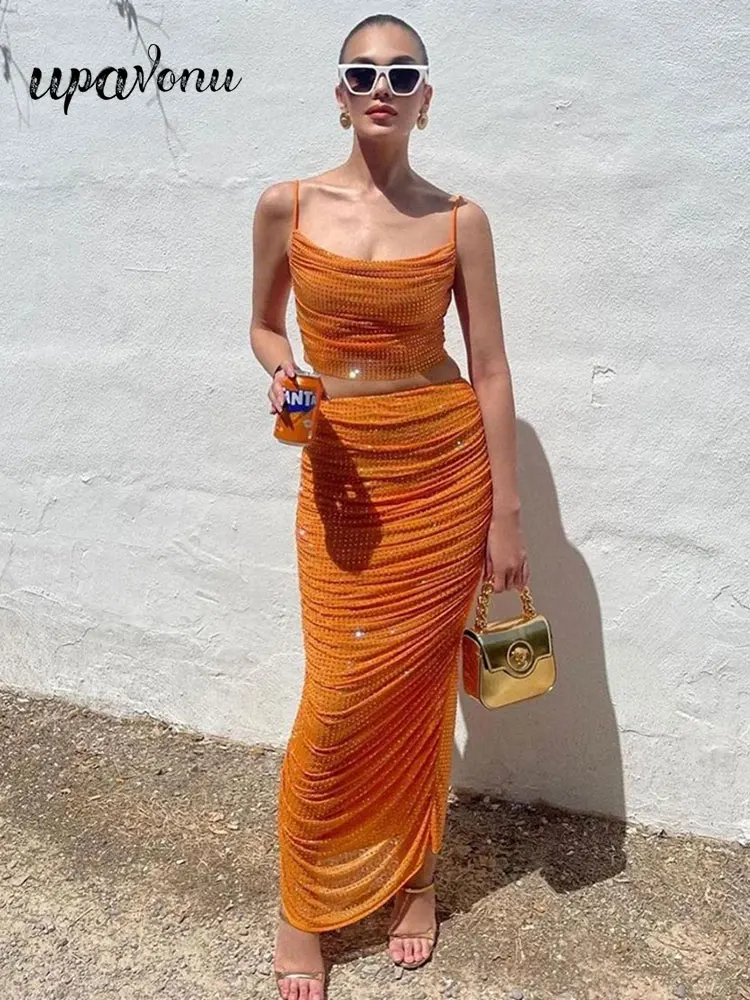 

Sexy Women's Water Diamond Design Draped Long Skirt Set Spaghetti Strap Sleeveless Short Tank Top+High Waist Skirt Two Piece Set