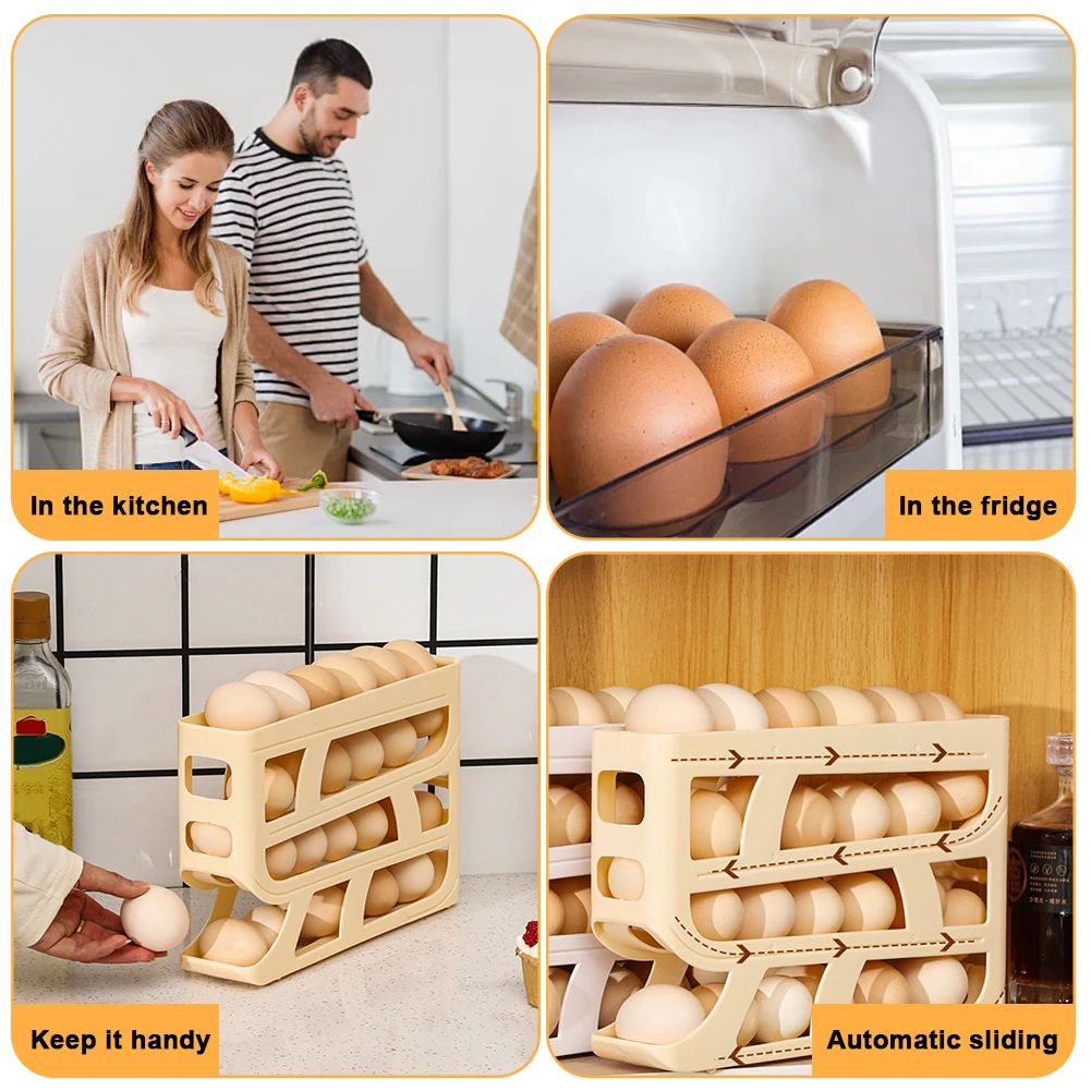 4 Layers Refrigerator Egg Storage Box Large Capacity Kitchen Rolling Eggs Container Rolling Eggs Dispenser for Fridge Countertop
