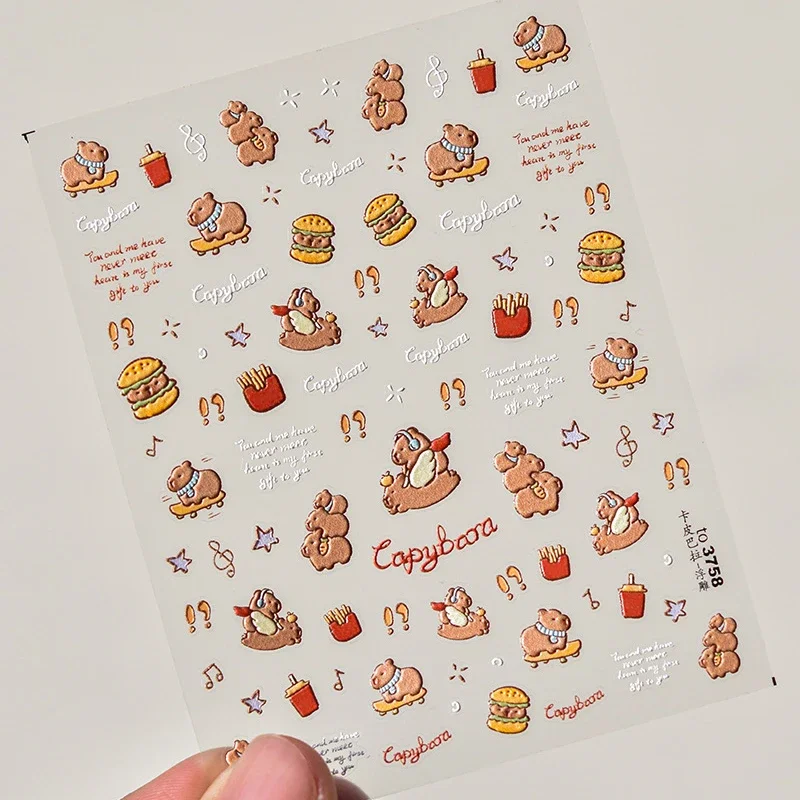 Cartoon Cute Capybara Hamster Brown Kapibala Soft Embossed Reliefs Self Adhesive Nail Art Decoration Stickers 3D Manicure Decals