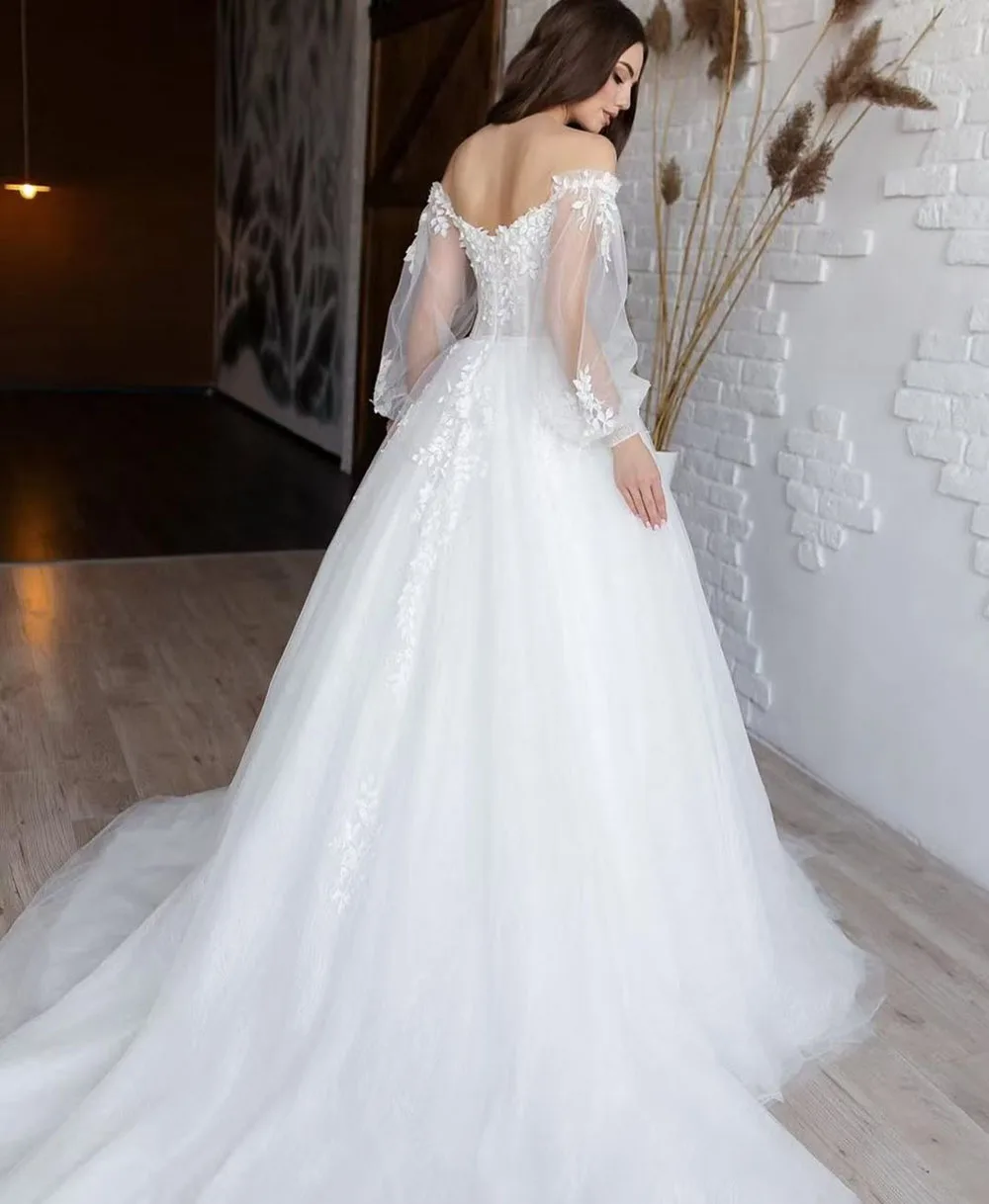 A-line Princess Wedding Dresses Brides Puff Sleeve Appliques Lace Bridal Dress Women Off Shoulder Boho Bride Gown Customized 2