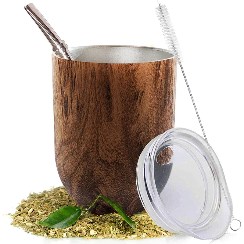 Stainless Coffee Gourd Tea Cup Set 12Oz Double-Wall Mate Water with Lid 1 Bombillas Straws Filter Spoon&Brush yerba mate cup
