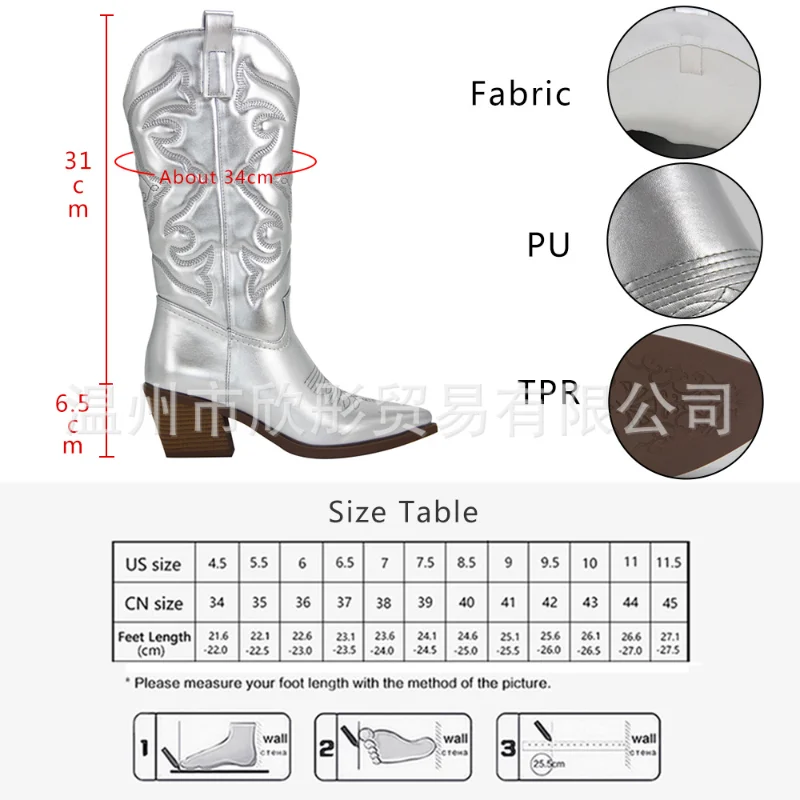 New Women Cowgirl Boots Cowboy Zip Embroidered Pointed Toe Chunky Mid Calf Trendy Shoes Retro Fashion Comfy Ridding Boots Ladies