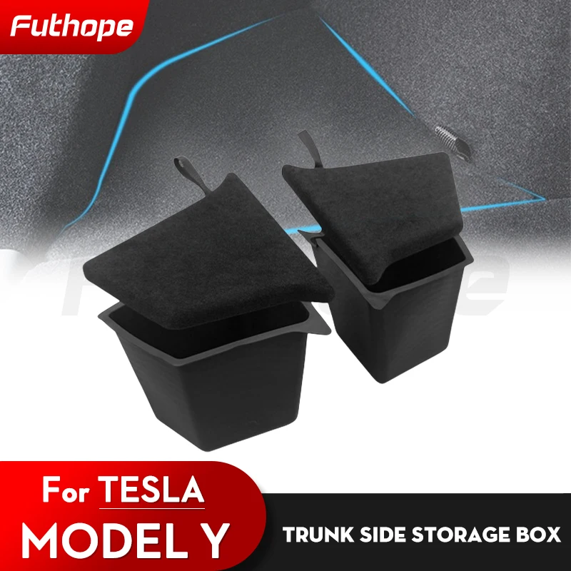 Futhope Car Trunk Side Storage Box For Tesla Model Y 2018-24 Hollow Cover Organizer Flocking Mat Partition Board Stowing Tidying