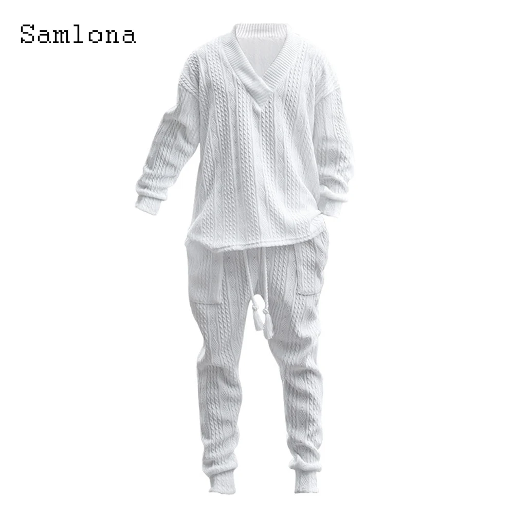 Mens Casual Knitting Two Piece Sets 2023 New Winter Fashion Irregular Top Sweater and Solid White Sweatpants Male Tracksuits Set 4