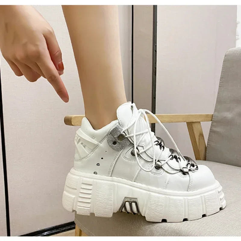 

Y2K Female Leather Ankle Boots Metal Design Punk Casual Chunky Sneakers Gothic Women's Short Motorcycle Boots Botas Femininas