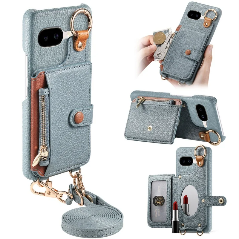 Crossbody Lanyard Leather Wallet Phone Case with Zipper Card Slots Holder