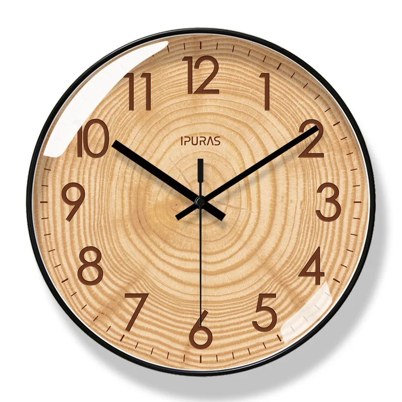 2023 New Nordic Simple Wooden Texture Wall Clocks Fashionable Art Living Room Wall Clocks Silent Sweep Second Quartz Wall Clock Black Frame A  