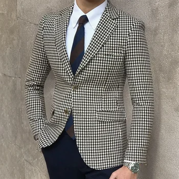 재고 하운드투스 격자 무늬 캐주얼 블레이저 남성용, 원피스 세트 재킷, 2 면 슬릿, 슬림핏 남성 코트, 패션 2024