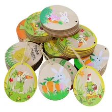10pcs Easter Rabbit Bunny Chick Wood Chip Pendant Egg Shaped Wooden Slices Craft For Home Decor Wedding Party Hanging Ornaments