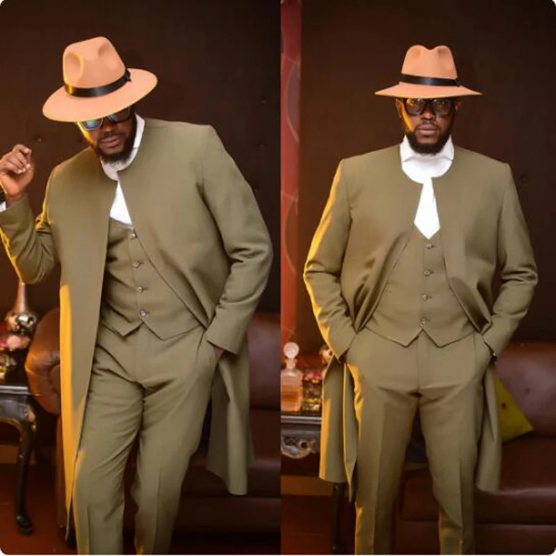 

Новый дизайн, мужские костюмы из 3 предметов, Длинный блейзер, жилет, брюки, смокинг для жениха, деловые костюмы с прозрачным воротником для свадьбы, официального выпускного, строгие костюмы