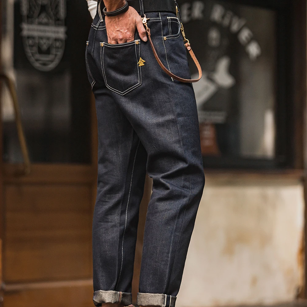 Maden Golden Embroidery Denim Jeans Vintage Selvedge Straight High Waist Jeans for Men Four Seasons with Gold Plated Buttons
