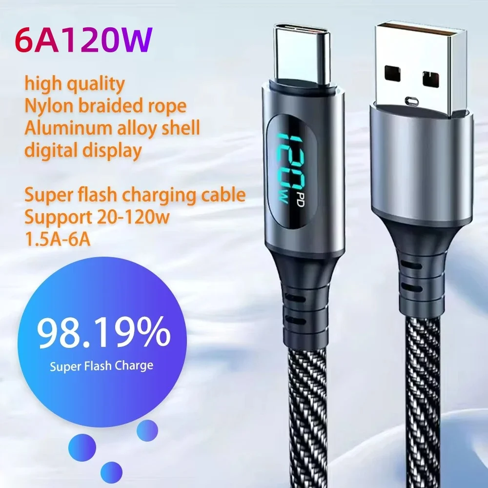 1M/2M Alloy Intelligent Super Fast Charging Cable 120W USB To USB C With Led Digital Display Super Fast Charge Cable PD Wires