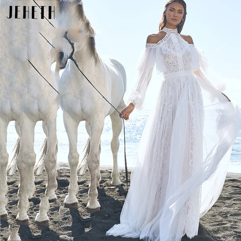 

JEHETH Boho Off Shoulder Wedding Dresses Halter Neckline Appliques Lace Bridal Gowns Illusion Tulle A-line Vestido De Noiva 2023