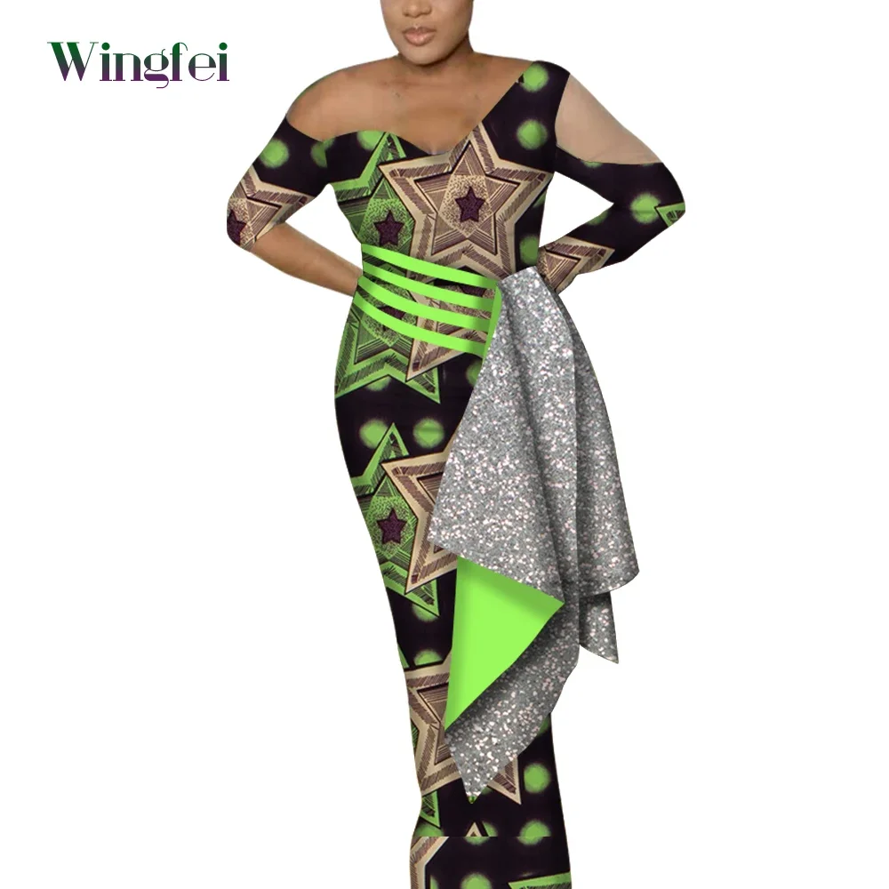 

African Dresses for Women Ankara Sexy Party Dresses Bazin Riche Print Long Draped Dresses Vestidos African Style Clothing WY6507