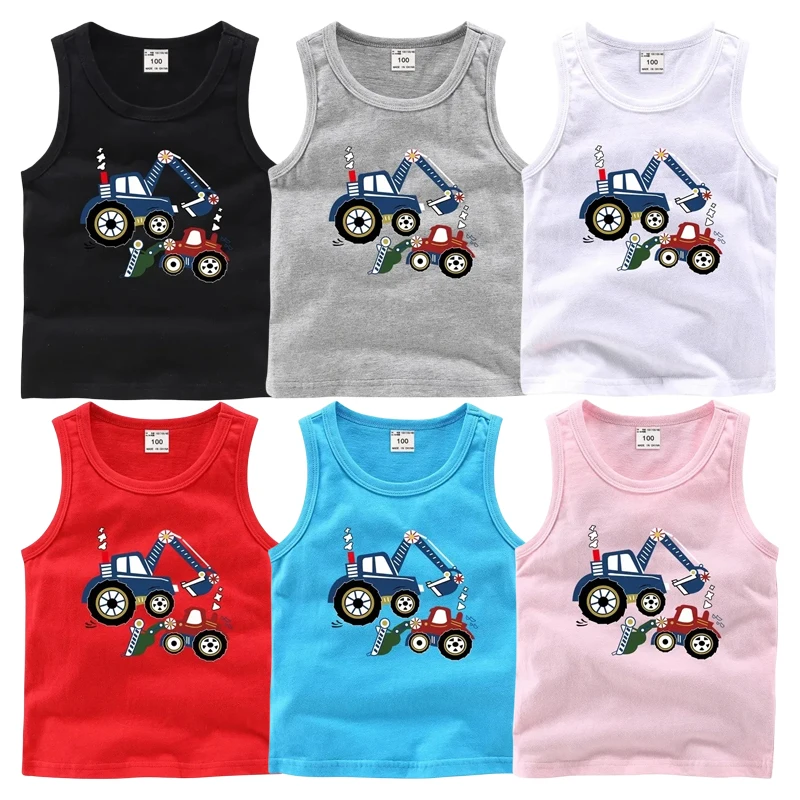 

2024 New Summer Camisole Boys Girls Children's Cotton Sleeveless Bottoming Shirt Cartoon Excavator Casual Kids Vest