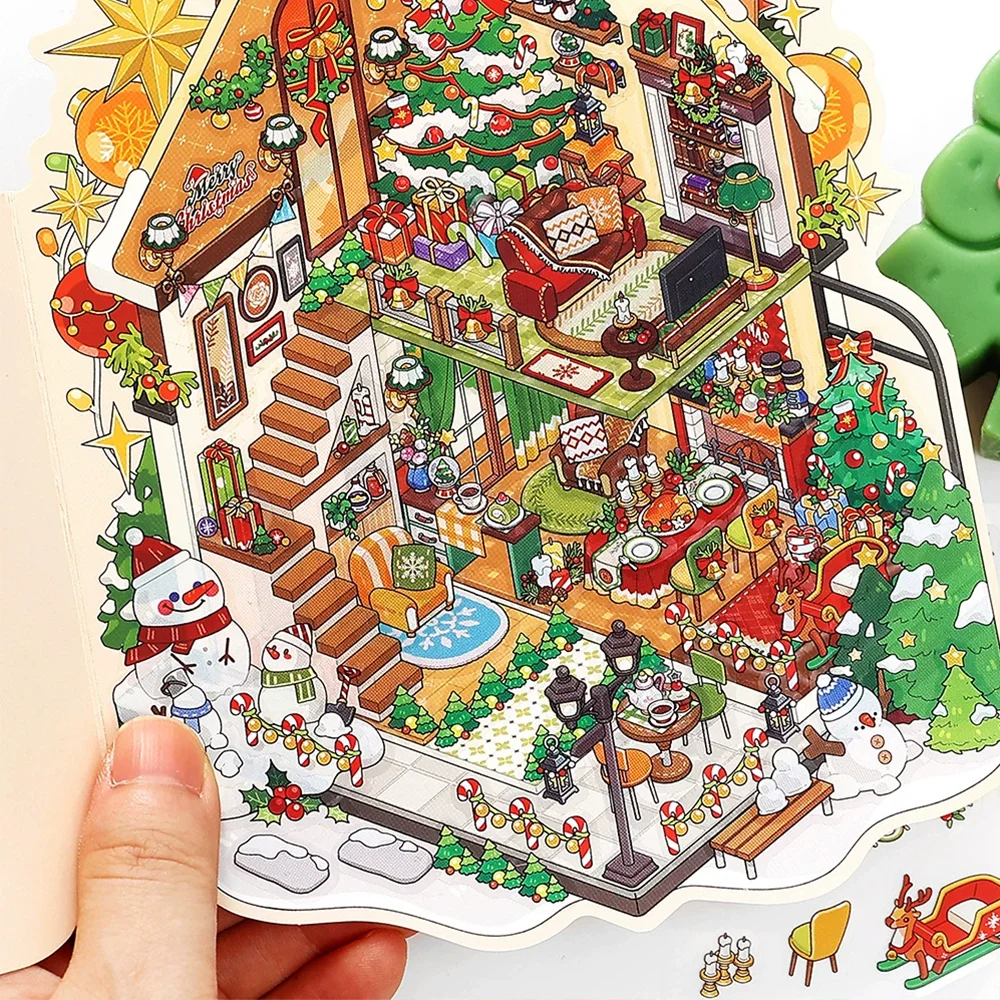 Christmas Miniature Scene 3D Stickers-Easy-Tear Cute Cartoon House Series DIY Craft Stacking 3D Layered Scrapbook Holiday Gift