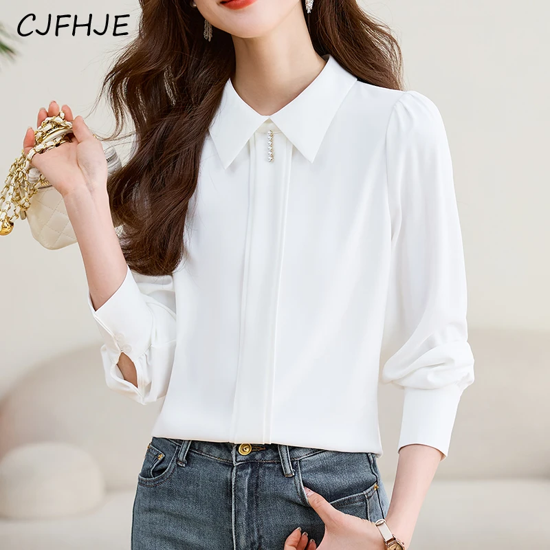 CJFHJE Back 2 Buttons Long Sleeve White Chiffon Shirts Women New Spring Fall Korean Satin Blouse Temperament Office Ladies Tops