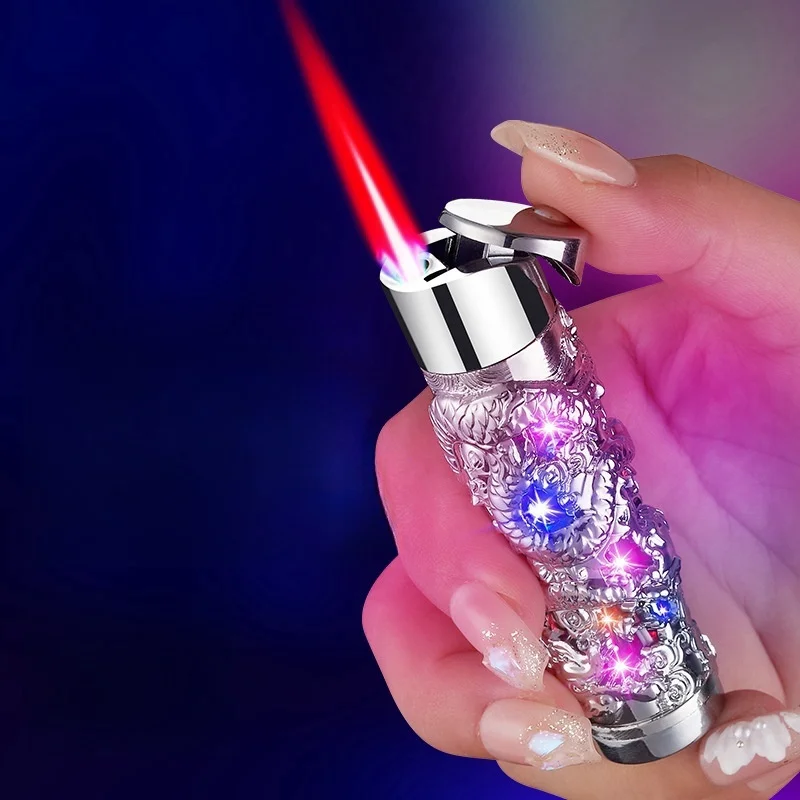 Metal Relief Lantern Inflatable Lighter Portable Windproof Butane Turbine Torch Jet Blue Flame Cigar Tool Fashionable Men's Gift