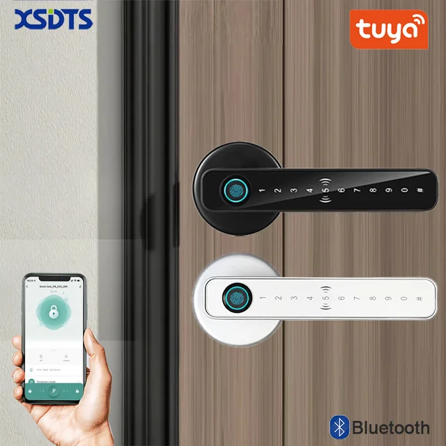XSDTS Smart Door Lock Handle Tuya Fingerprint Key card Digital Door Lock Keypad Key Entry electronic lock Home House Apartment 1