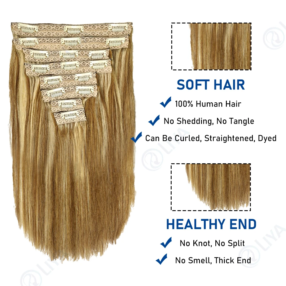 Ombre P8/613 Clips In Hair Extensions Highlight Blonde Bone Straight Clip In Human Hair Extensions Full Head PU Seamless Clip